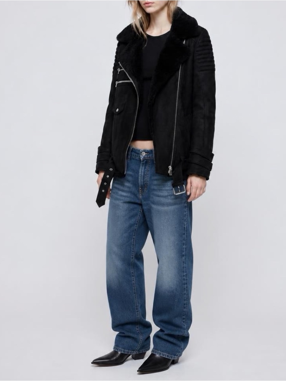 Anine Bing Black Shearling-Trim Asymmetric Leather Jacket